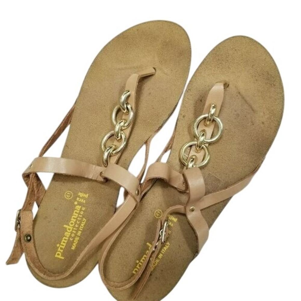 Primadonna Collection Womens 41 10 Tan‎ Leather Chain Flat Thong Sandals Italy